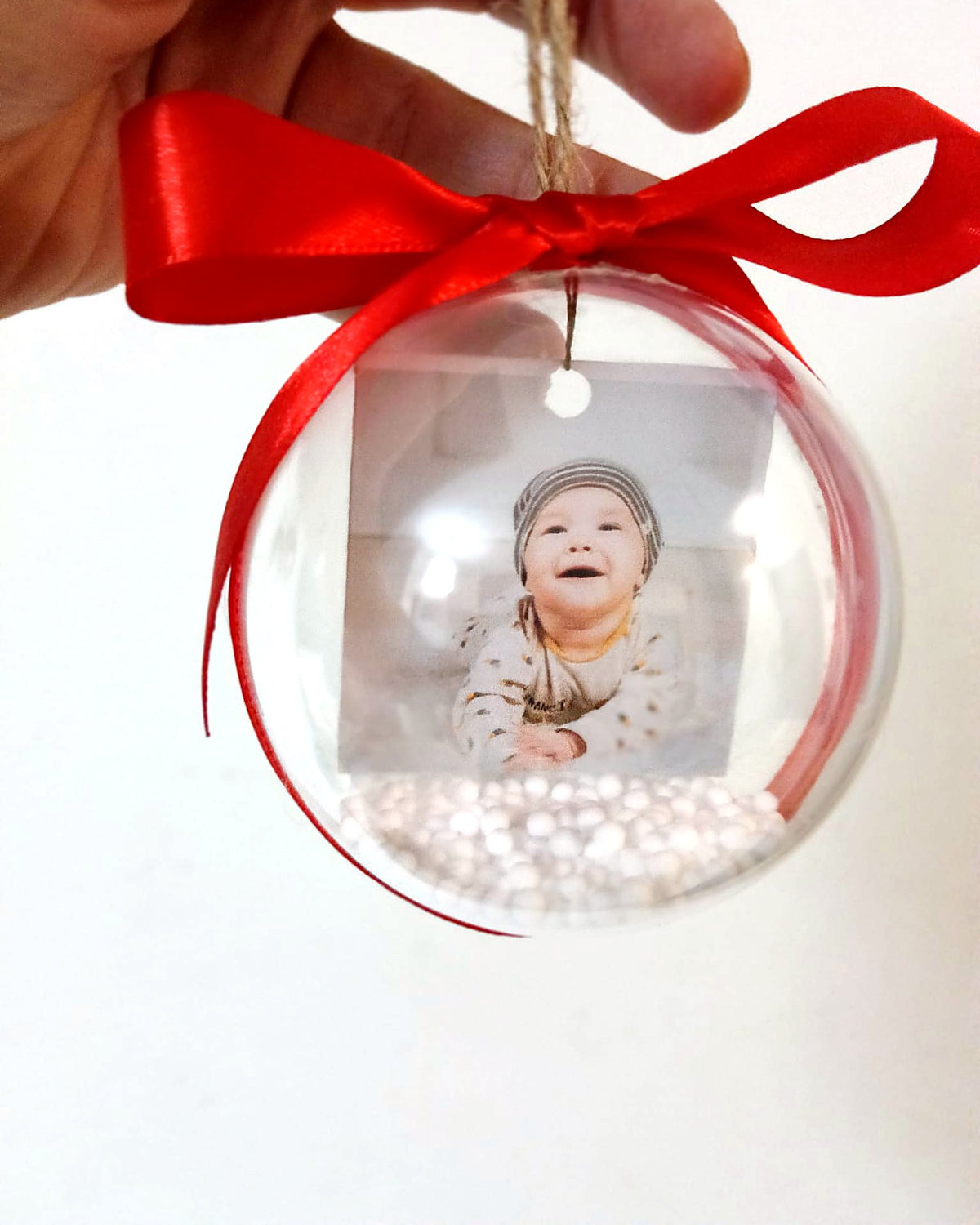 Bola de Navidad transparente personalizada con foto y nieve