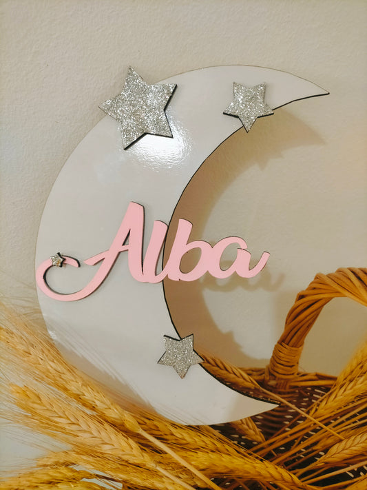 White wooden crescent moon with pink personalized name Alba and silver glitter stars decoration