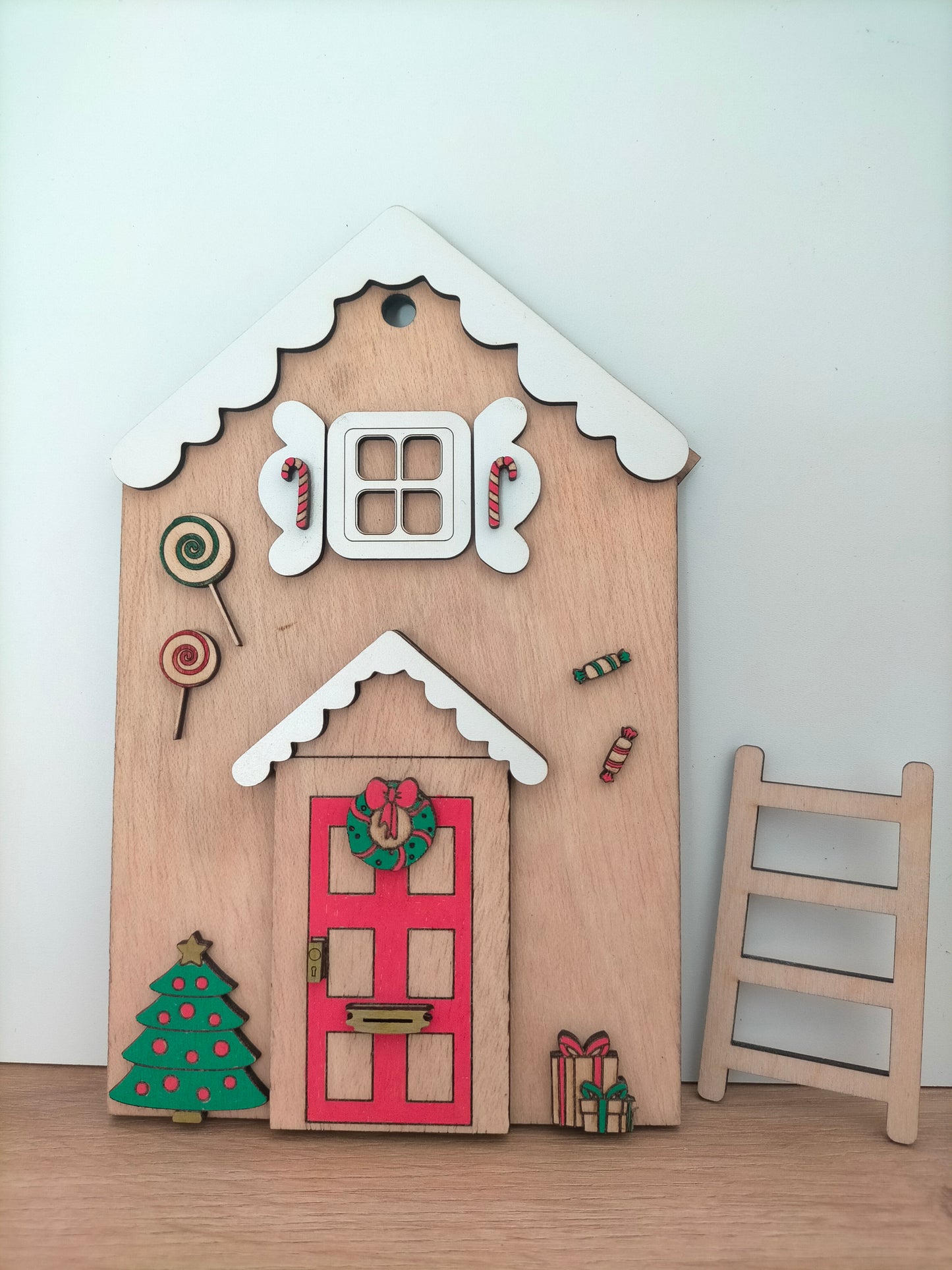 Puerta reversible de madera del Ratón Pérez y el Elfo de Navidad. Puerta mágica decorativa infantil