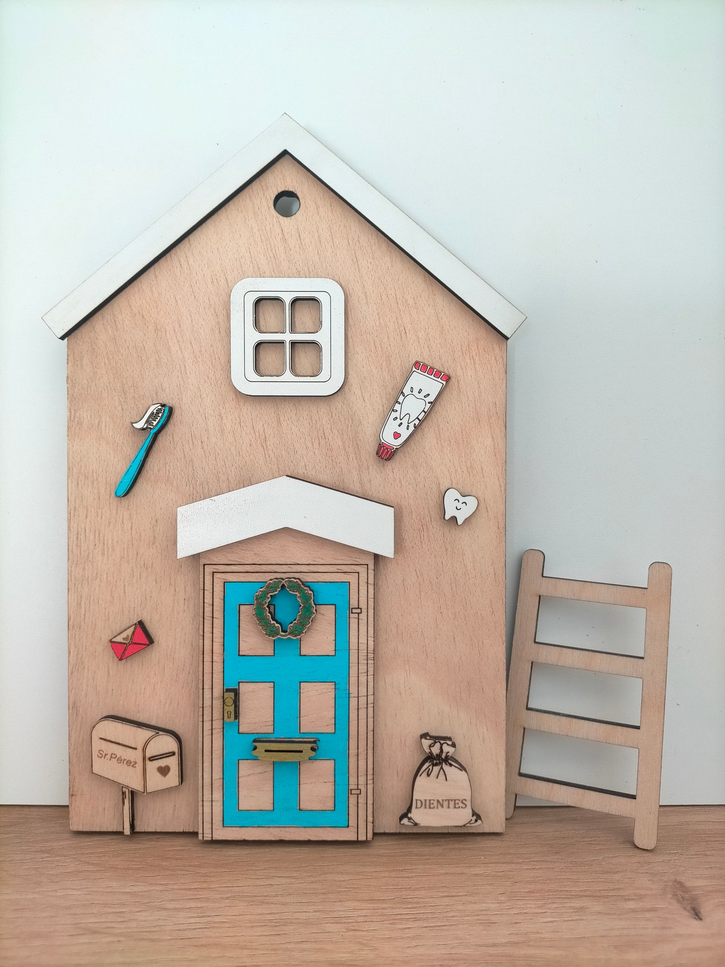 Puerta reversible de madera del Ratón Pérez y el Elfo de Navidad. Puerta mágica decorativa infantil