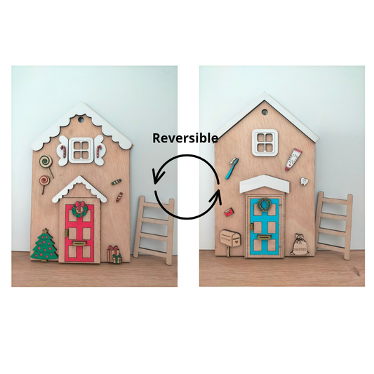 Puerta reversible de madera del Ratón Pérez y el Elfo de Navidad. Puerta mágica decorativa infantil