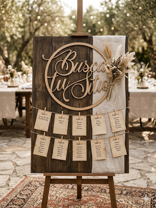 Cartel de Madera "Busca tu Sitio" - Seating Plan Personalizado